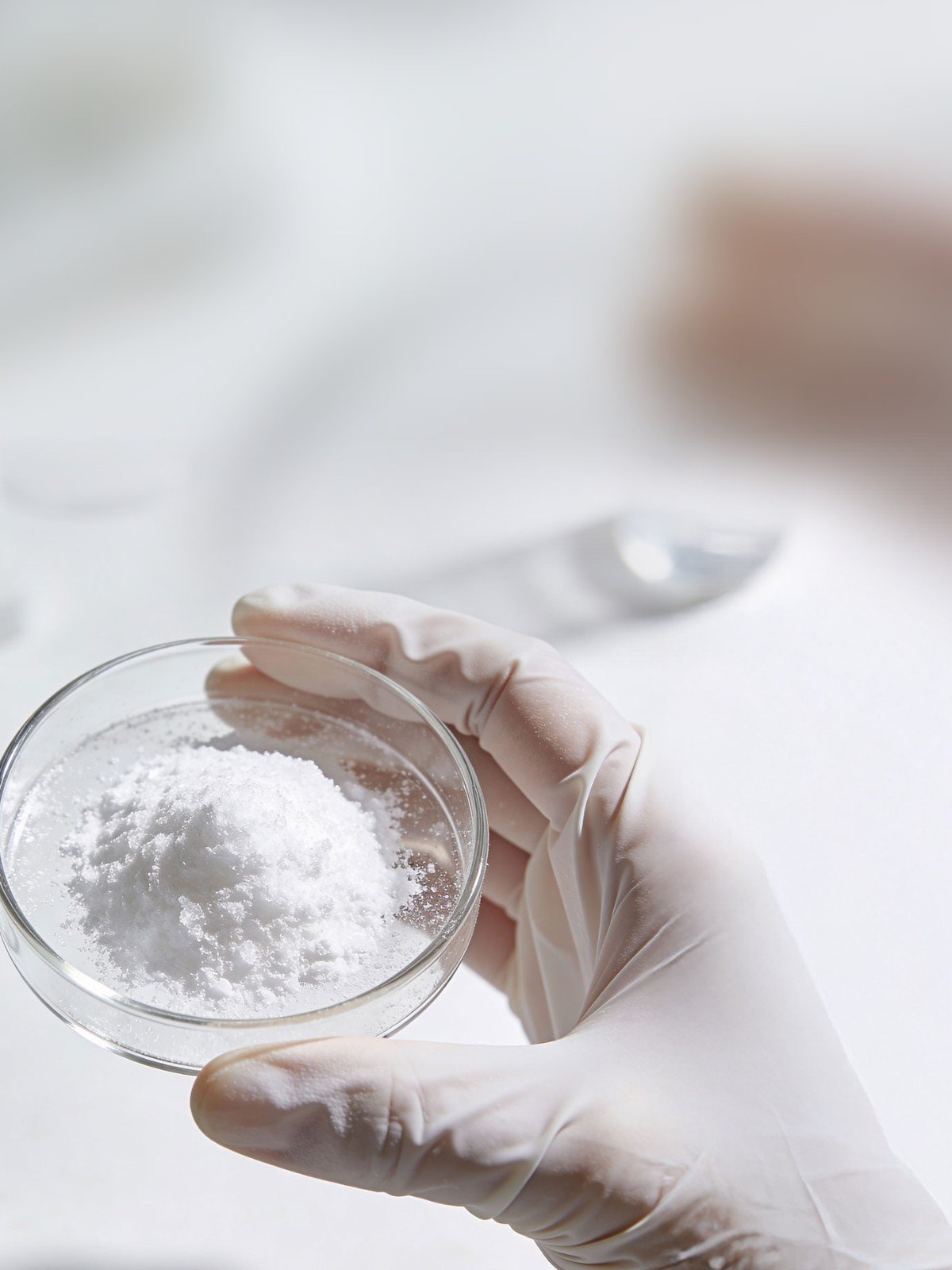 Farmacêutica segura placa de Petri com preparação em pó no laboratório